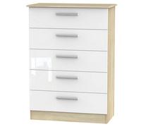 Welcome Furniture Ready Assembled Contrast 5 Drawer Chest In White & Bardolino Oak, White