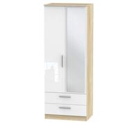 Trent Tall 2 Drawer Mirrored Wardrobe In White Gloss & Bardolino Oak (Ready Assembled)
