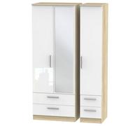 Trent Tall Triple 4 Drawer Mirror Wardrobe In White Gloss & Bardolino Oak (Ready Assembled)