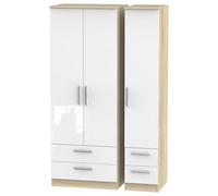 Trent Tall Triple 4 Drawer Wardrobe In White Gloss & Bardolino Oak (Ready Assembled)