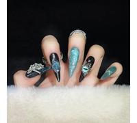 TRENTSNOOK 10pcs Handmade Press on nails Black Fake Nails Art Long Sweet Cool Water Drops Spice Girl Pure Heavy Spider Silver Sea(XS)