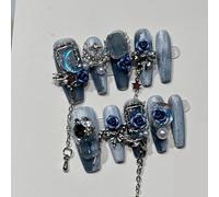 TRENTSNOOK 10PCS Handmade Press on nails blue false nails listening evening manicure flash luxury rose long style wearable manicure(S)