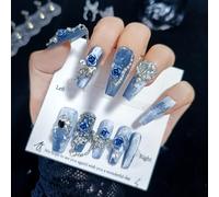 TRENTSNOOK 10PCS Handmade Press on nails blue rose false nails listening evening manicure flash luxury long style wearable manicure(L)