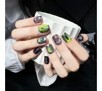TRENTSNOOK 10PCS Handmade Press on nails Cool Girl Devil's Green Eyes Short Cat Eyes Fake Nails(L)