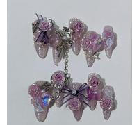 TRENTSNOOK 10PCS Handmade Press on nails long false nails Dreamy purple rose three-dimensional statue wearable manicure(Long oval,XS)