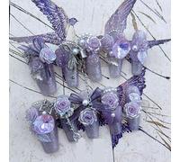 TRENTSNOOK 10PCS Handmade Press on nails long false nails Dreamy purple rose three-dimensional statue wearable manicure(Long trapezoid,M)