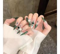 TRENTSNOOK 10pcs Handmade Press on nails Long Pointed Fake Nails Green Thousand Gold Pendant Heavy Craftsmanship Long Pointed Nails(L)