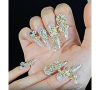 TRENTSNOOK 10pcs HandmadeGold Press on nails Long Pointed Fake Nails Court Pendant Heavy Craftsmanship(L)