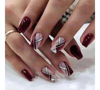 TRENTSNOOK 24pcs Acrylic Press on nails Medium Length Square Burgundy Glitter with Lines False Nails