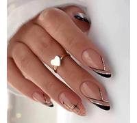 TRENTSNOOK 24pcs Almond Press on nails Black Slanted Line French Almond Press-On False Nails - Acrylic Press-On False Nails with Nail Glue