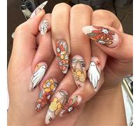 TRENTSNOOK 24pcs Almond Press on nails Halloween Cute Spooky Fall Vibe Doodle Acrylic Fake Nails