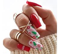 TRENTSNOOK 24pcs christmas press on nails long coffin Red, white, black, green and pink Acrylic False Nails, Christmas parties, dances, dates can be any combination of beautiful fingertip ornaments(XL