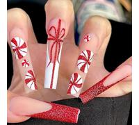 TRENTSNOOK 24pcs christmas press on nails long coffin Red, white, black, green and pink Acrylic False Nails, Christmas parties, dances, dates can be any combination of beautiful fingertip ornaments(XD