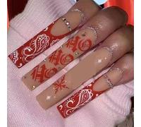 TRENTSNOOK 24pcs Extra Long Rectangular False Nails Press Red Gel Sticky Nails Christmas False Nails Red Glitter Snowflakes Suitable For Christmas Women And Girls(Jelly glue)