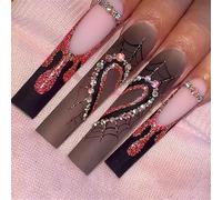 TRENTSNOOK 24pcs Halloween Long Pipe Press on nails Vibe Love Heart Dots Diamonds Spider Web Acrylic Fake Nails