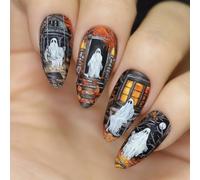 TRENTSNOOK 24pcs Halloween Press on nails Horror Spooky Flat Doodle Almond Nail Acrylic Fake Nails