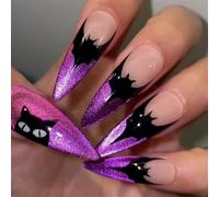 TRENTSNOOK 24pcs oblong-pointed Press on nails Halloween Witch's Cat violet Fake Nails Purple Cat's Eye Bat