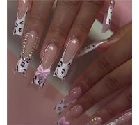 TRENTSNOOK 24pcs Pink ballet Girl fake nails,Press on nails with bows,leopard prints,long coffin, almond or short square Manicure Art(XG-101-84)