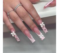 TRENTSNOOK 24pcs Pink ballet Girl fake nails,Press on nails with bows,leopard prints,long coffin, almond or short square Manicure Art(XH-91-22)
