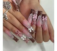TRENTSNOOK 24pcs Pink ballet Girl fake nails,Press on nails with bows,leopard prints,long coffin, almond or short square Manicure Art(XD-88-21)