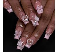 TRENTSNOOK 24pcs Pink ballet Girl fake nails,Press on nails with bows,leopard prints,long coffin, almond or short square Manicure Art(XD-93-43)