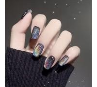 TRENTSNOOK 24pcs Press on nails Black Tone Long Laser Rainbow Cat Eyes Acrylic False Nail Chips