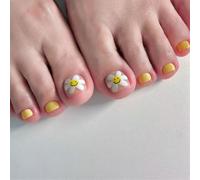 TRENTSNOOK 24pcs Toenails Press On False Nail Candy Colours Smile Daisy Yellow Acrylic Toe Nail
