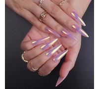 TRENTSNOOK Extra Long Light Pink Chrome Press on Nails Medium Acrylic Nails With Mirror Effect Pearlescent Glue on Nails False Nails(Jelly glue)
