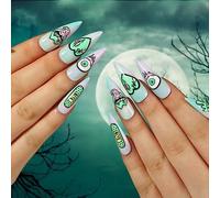 TRENTSNOOK Halloween Press nails Star Smudges Green Love Eye Beads Lips Fake nails Acrylic nails for girls Halloween party nail art 24pcs(Jelly glue)