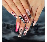 TRENTSNOOK Halloween press-on nails Glossy acrylic nails Halloween style graffiti fake nails Suitable for female girls Set of 24 pieces(Jelly glue)