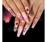 TRENTSNOOK Halloween press-on nails Glossy acrylic nails Halloween style graffiti fake nails Suitable for female girls Set of 24 pieces(Jelly glue)