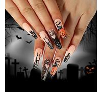TRENTSNOOK Halloween press-on nails Glossy acrylic nails Halloween style graffiti fake nails Suitable for female girls Set of 24 pieces(Jelly glue)