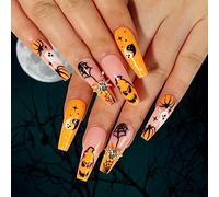 TRENTSNOOK Halloween press-on nails Glossy acrylic nails Halloween style graffiti fake nails Suitable for female girls Set of 24 pieces(Jelly glue)