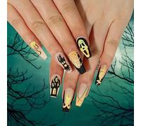 TRENTSNOOK Halloween press-on nails Glossy acrylic nails Halloween style graffiti fake nails Suitable for female girls Set of 24 pieces(Jelly glue)