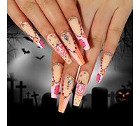 TRENTSNOOK Halloween press-on nails Glossy acrylic nails Halloween style graffiti fake nails Suitable for female girls Set of 24 pieces(Jelly glue)