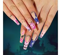 TRENTSNOOK Halloween press-on nails Glossy acrylic nails Halloween style graffiti fake nails Suitable for female girls Set of 24 pieces(Jelly glue)