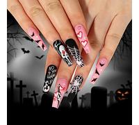 TRENTSNOOK Halloween press-on nails Glossy acrylic nails Halloween style graffiti fake nails Suitable for female girls Set of 24 pieces(Jelly glue)