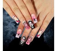 TRENTSNOOK Halloween press-on nails Glossy acrylic nails Halloween style graffiti fake nails Suitable for female girls Set of 24 pieces(Jelly glue)