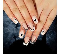 TRENTSNOOK Halloween Press-On Nails White French Black Edge Spooky Love Heart Spiderweb Fake Nails Acrylic Nails Glitter Press-On Nails for Women Girls Halloween Party Nail Art(Jelly glue)