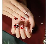 TRENTSNOOK Press-On Nails Christmas Collection Short Flat Fake Nails Acrylic Nails For Women Girls Party Nail Art Collection 24PCS(JP1278,Glue type)