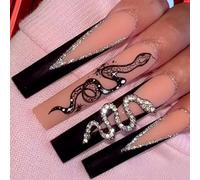 TRENTSNOOK Press on Nails Long Square Head Fake Nails Black French False Nail Tips with Snake Charms Design Extra Long French Tip Acrylic Nails Manicure Artificial Nails 24pcs(Jelly glue)
