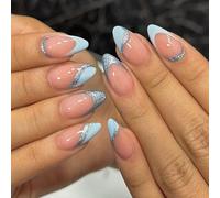 TRENTSNOOK Simple Blue Line French Press-On False Nails - Acrylic Press-On False Nails with Nail Glue, 12 Sizes - 24 Reusable False Nail Set