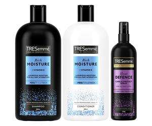 TRESemme Rich Moisture Shampoo, Conditioner & Heat Defence Spray Care + Styling Regime Bundle 3 Piece