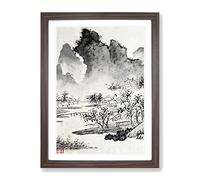 Tress & Mountains By Wen Zhengming Asian Japanese Framed Print | A2 Walnut Framed Wall Art | Ready to Hang | Asian Landscape Picture | Living Room Bedroom Lounge Office