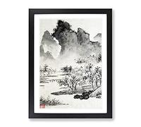 Tress & Mountains By Wen Zhengming Asian Japanese Framed Print | A3 Black Framed Wall Art | Ready to Hang | Asian Landscape Picture | Living Room Bedroom Lounge Office