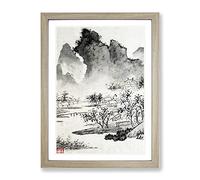 Tress & Mountains By Wen Zhengming Asian Japanese Framed Print | A3 Oak Framed Wall Art | Ready to Hang | Asian Landscape Picture | Living Room Bedroom Lounge Office