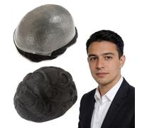 Tresshairca Toupee for Men Real Human Hair 120% Density, Thickness 0.04-0.06mm Soft Thin Skin Single Knots System for Men Wigs, Men's Toupee Durable Wave Hair Base Size 8 x 10 Inch Color #1B Off Black