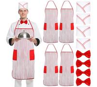 Tressify 4 Sets Waiter Costume Kit, 1950s Red and White Striped Bib Apron, Adjustable Bow Tie, Paper Soda Jerk Hat, Unisex Adult Outfit for 50s Diner, Movie Night, Carnival, Mardi Gras Party
