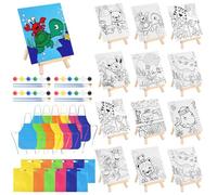 Tressify 48 Pieces Paint Set, Paint Pots, and Brushes for Daily Painting, 12 Easels, 12 Painting Sets, 12 Bags,12 Kids Aprons, Painting Party Favors Sets with Pre-Drawn Canvas, Wooden Easel Set