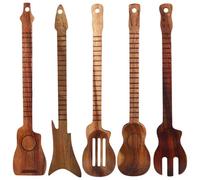 Tressify 5 Pcs Guitar Shaped Utensils Set for Cooking, Natural Acacia Wood Spoons Spatulas and Fork, 12 in / 30.5 cm, Distinctive Engraved Kitchen Art, Melody-Themed Lovers Gifts